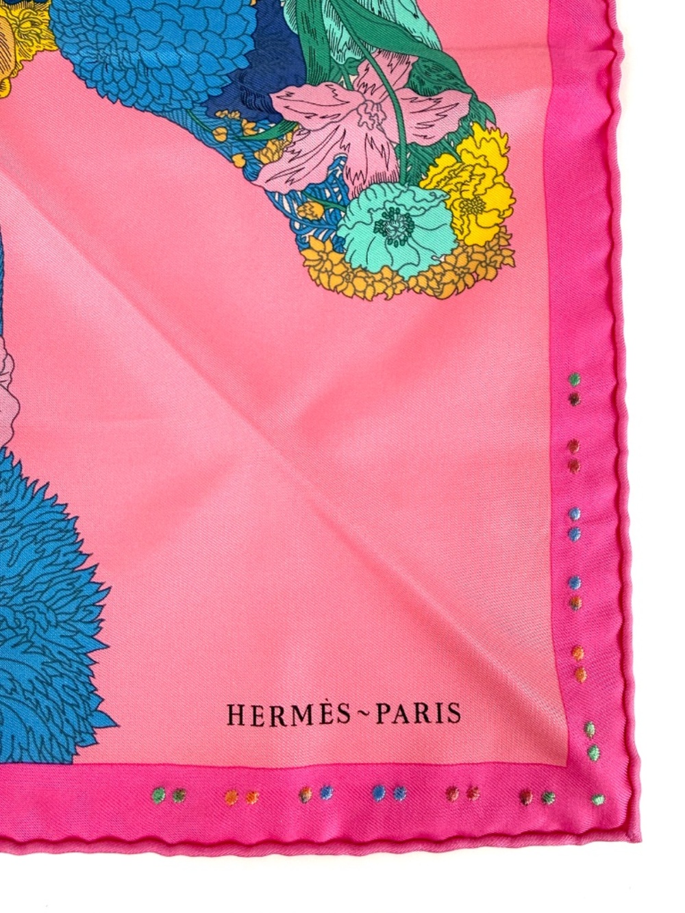 HERMES Robe Legere Embroidered Pink Blue Yellow Silk Square Scarf 45 - Picture 8 of 13